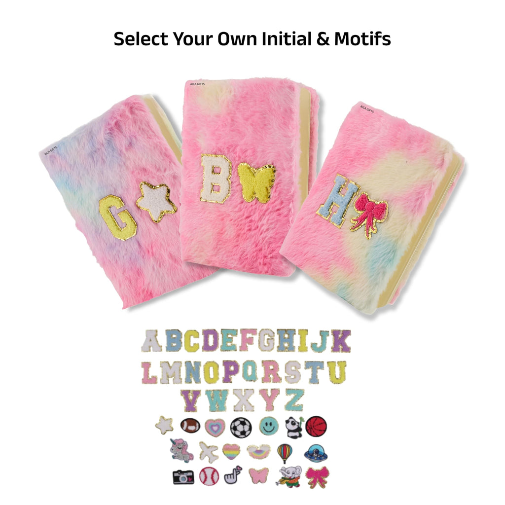 AICA Personalized Embroidery Patch Name Soft Fur Diary A5 Size 160 Pages (Rainbow) For Girls & Boys|Customized Cute Plush Personal Journal| Diary for Girls Aesthetic | Diary for Kids | Gifts for Girls