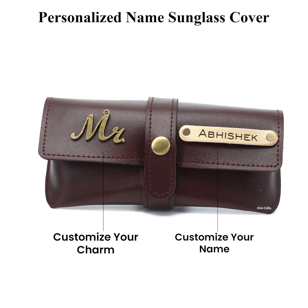 AICA Personalised Name & Charm Leather Sunglass Case Cover for Men & Women (Babyblue)