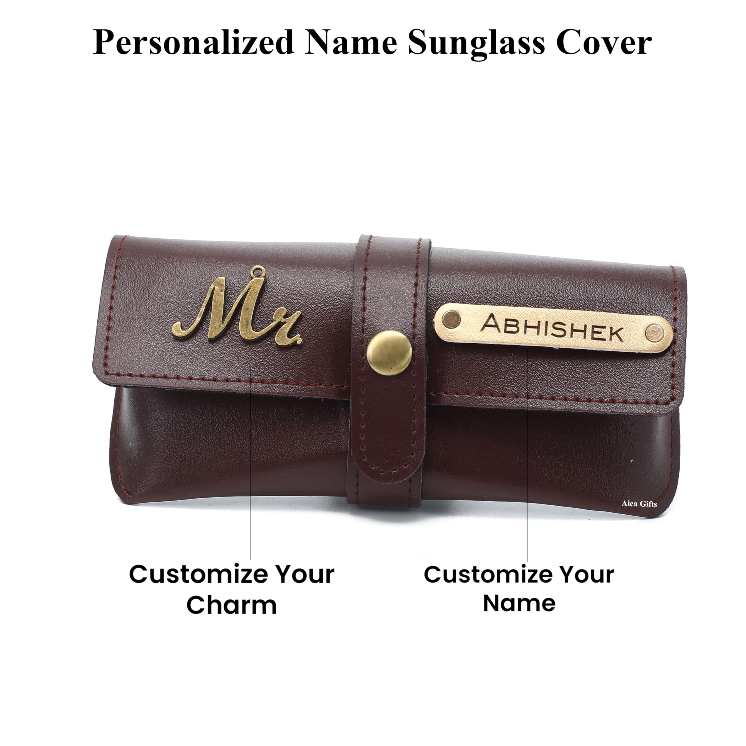 AICA Personalised Name & Charm Leather Sunglass Case Cover for Men & Women (Babyblue)