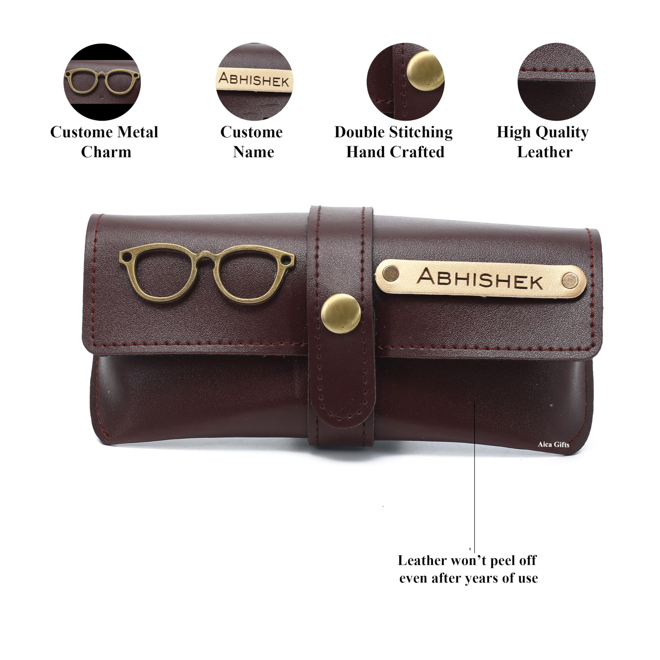 AICA Personalised Name & Charm Leather Sunglass Case Cover for Men & Women (Babyblue)