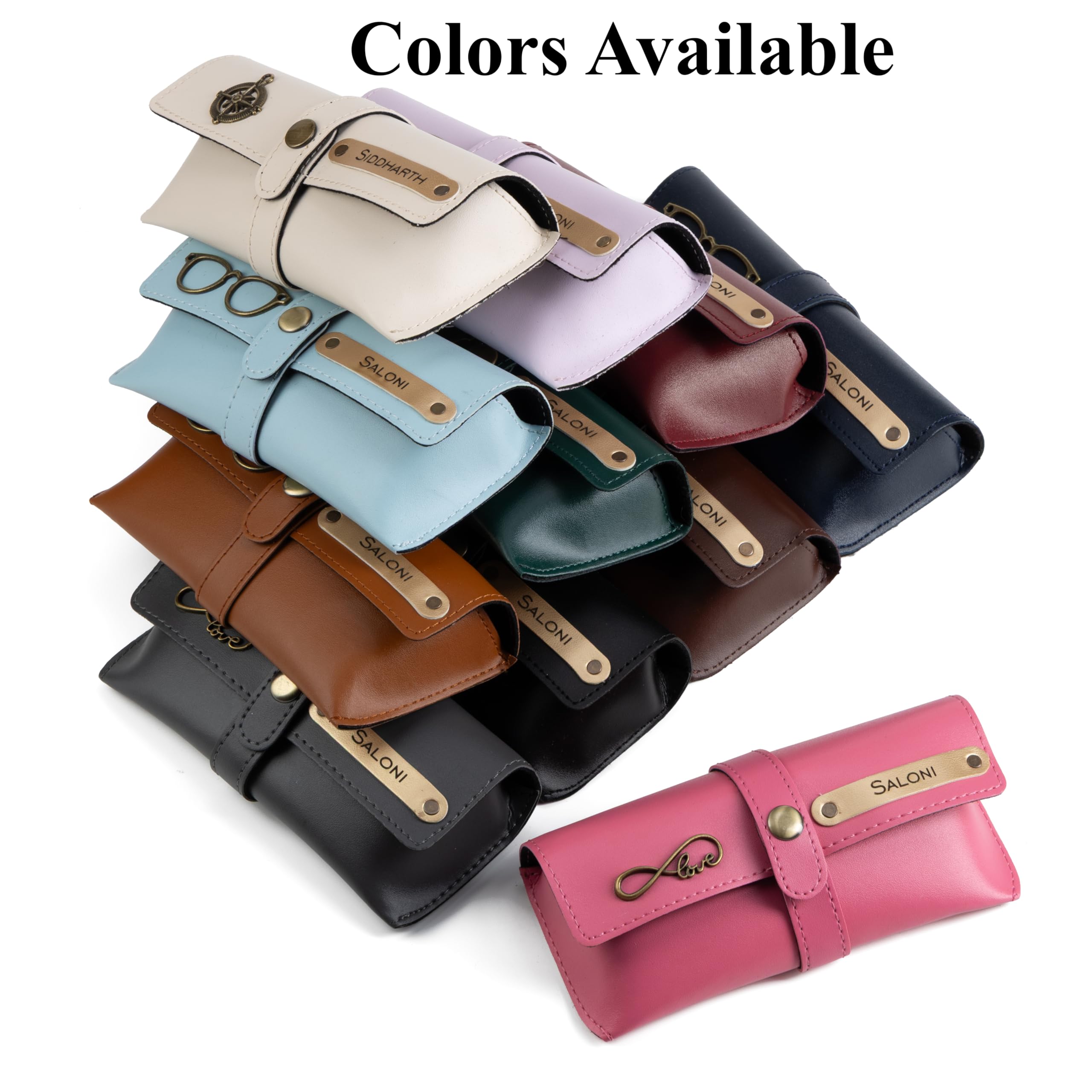 AICA Personalised Name & Charm Leather Sunglass Case Cover for Men & Women (Babyblue)