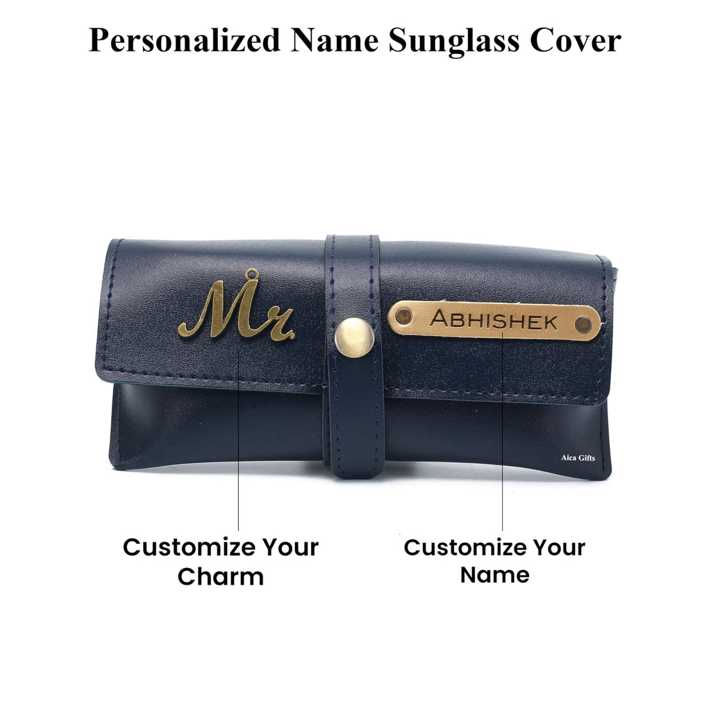 AICA Personalised Name & Charm Leather Sunglass Case Cover for Men & Women (Babyblue)