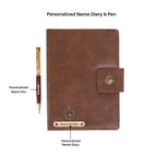 AICA Personalized Name & Charm Notebook Leather Diary - A5 Size, 200 Ruled Pages (Navy Blue) & Pen Golden Combo for Men & Women