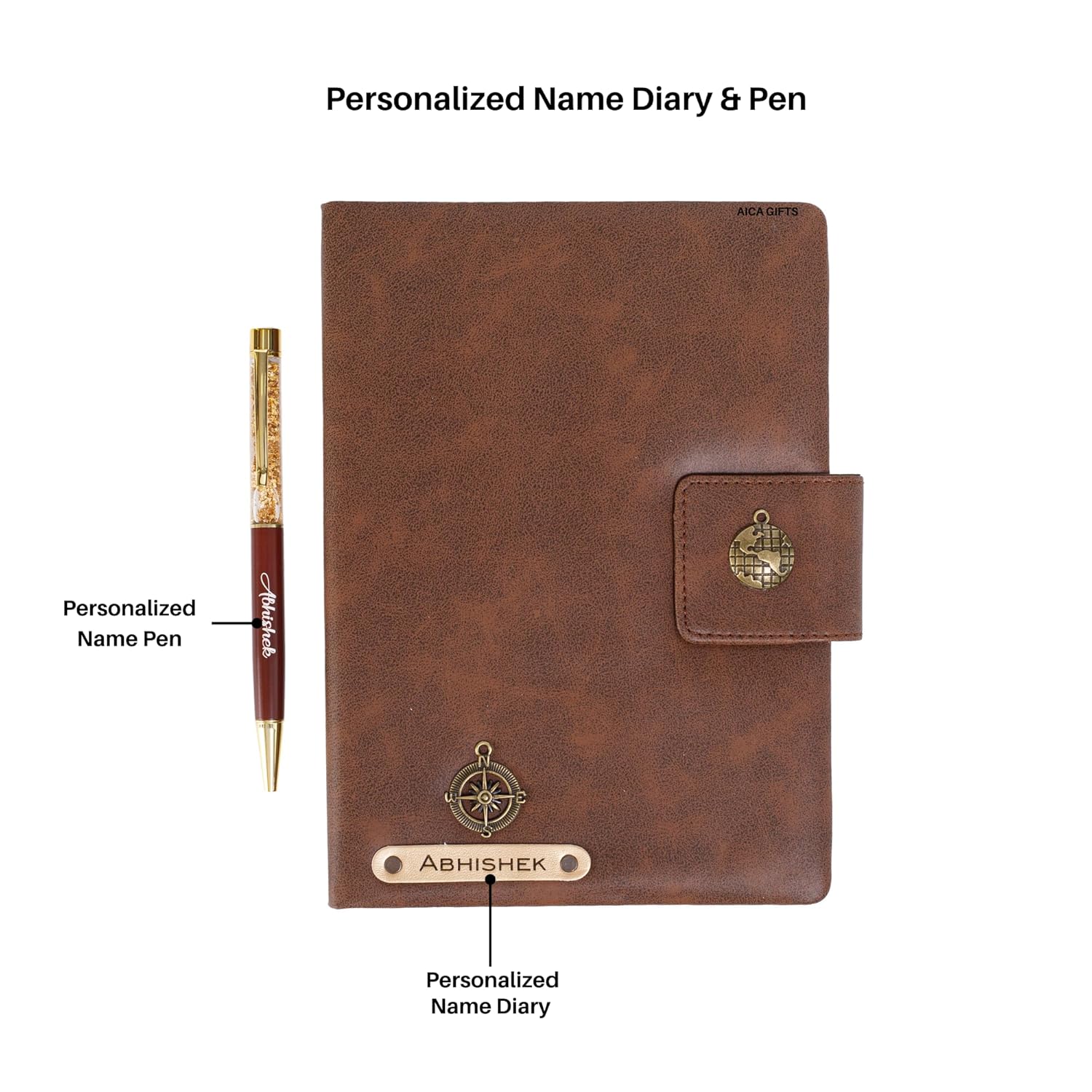 AICA Personalized Name & Charm Notebook Leather Diary - A5 Size, 200 Ruled Pages (Navy Blue) & Pen Golden Combo for Men & Women