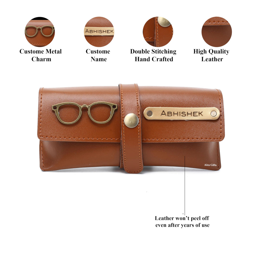 AICA Personalised Name & Charm Leather Sunglass Case Cover for Men & Women (Babyblue)