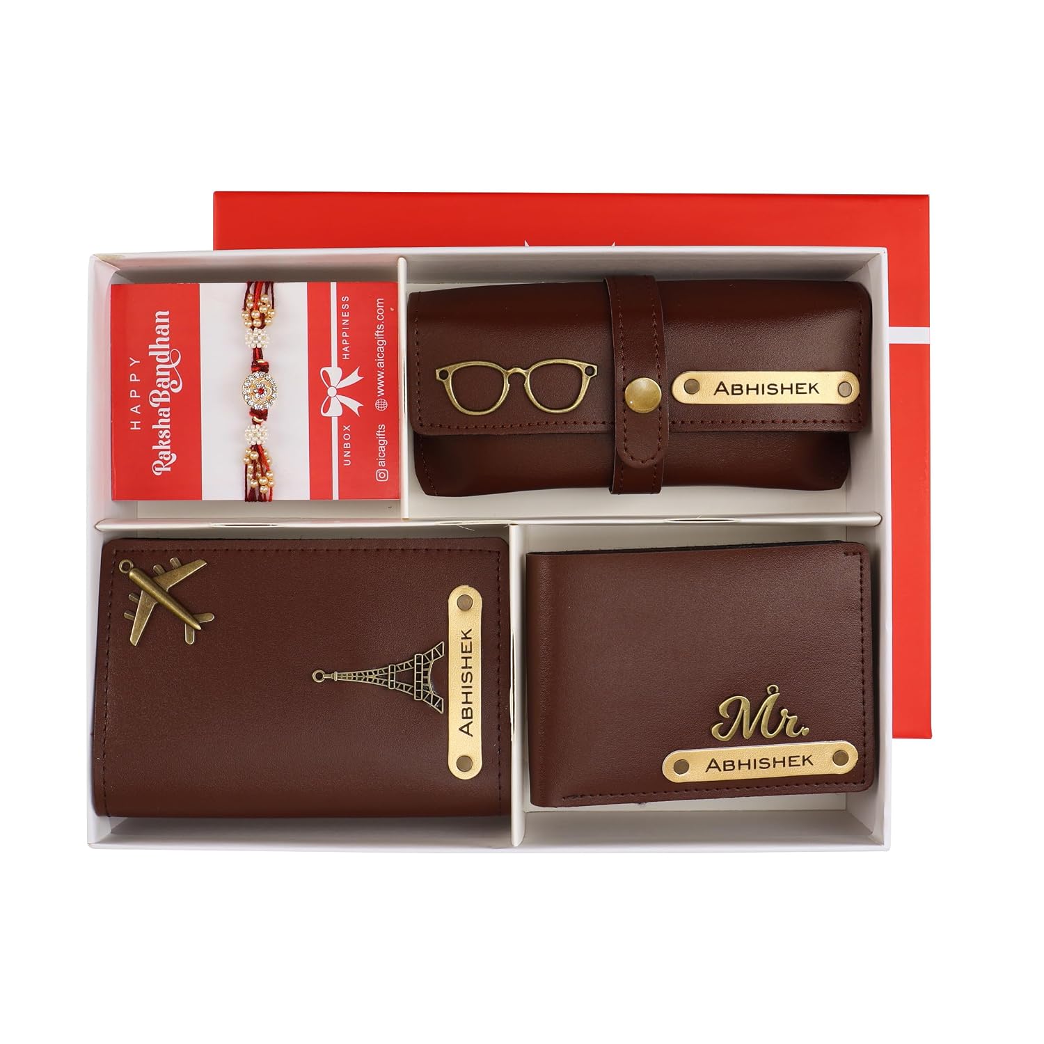 AICA Personalized Leather Mens Rakhi Combo (Dark Brown)