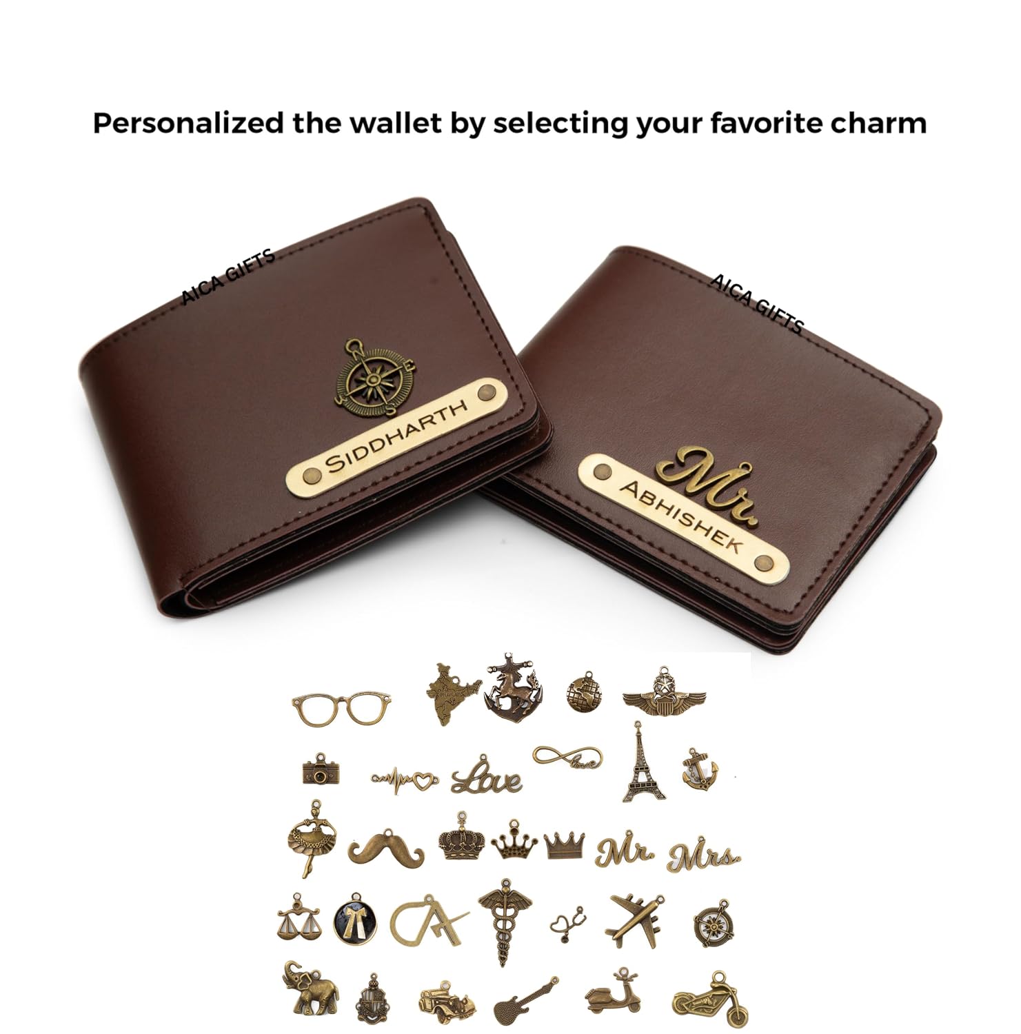 AICA Personalized Name Leather Mens Rakhi + Wallet Combo (Dark Brown)