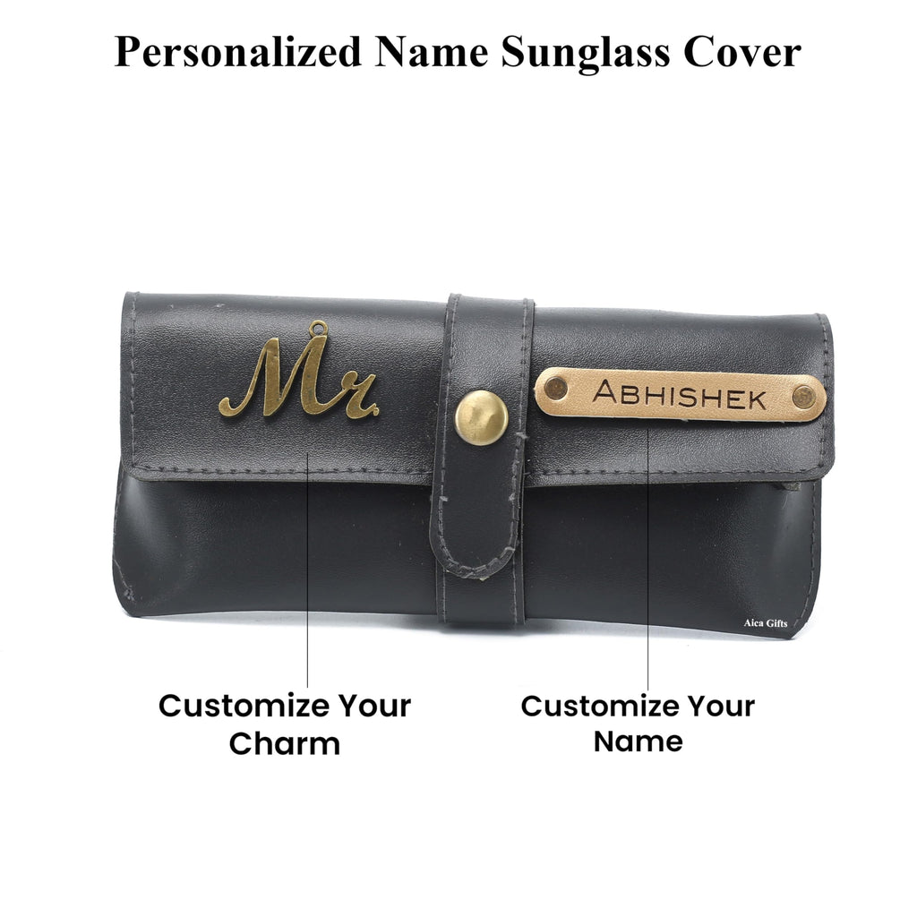 AICA Personalised Name & Charm Leather Sunglass Case Cover for Men & Women (Babyblue)