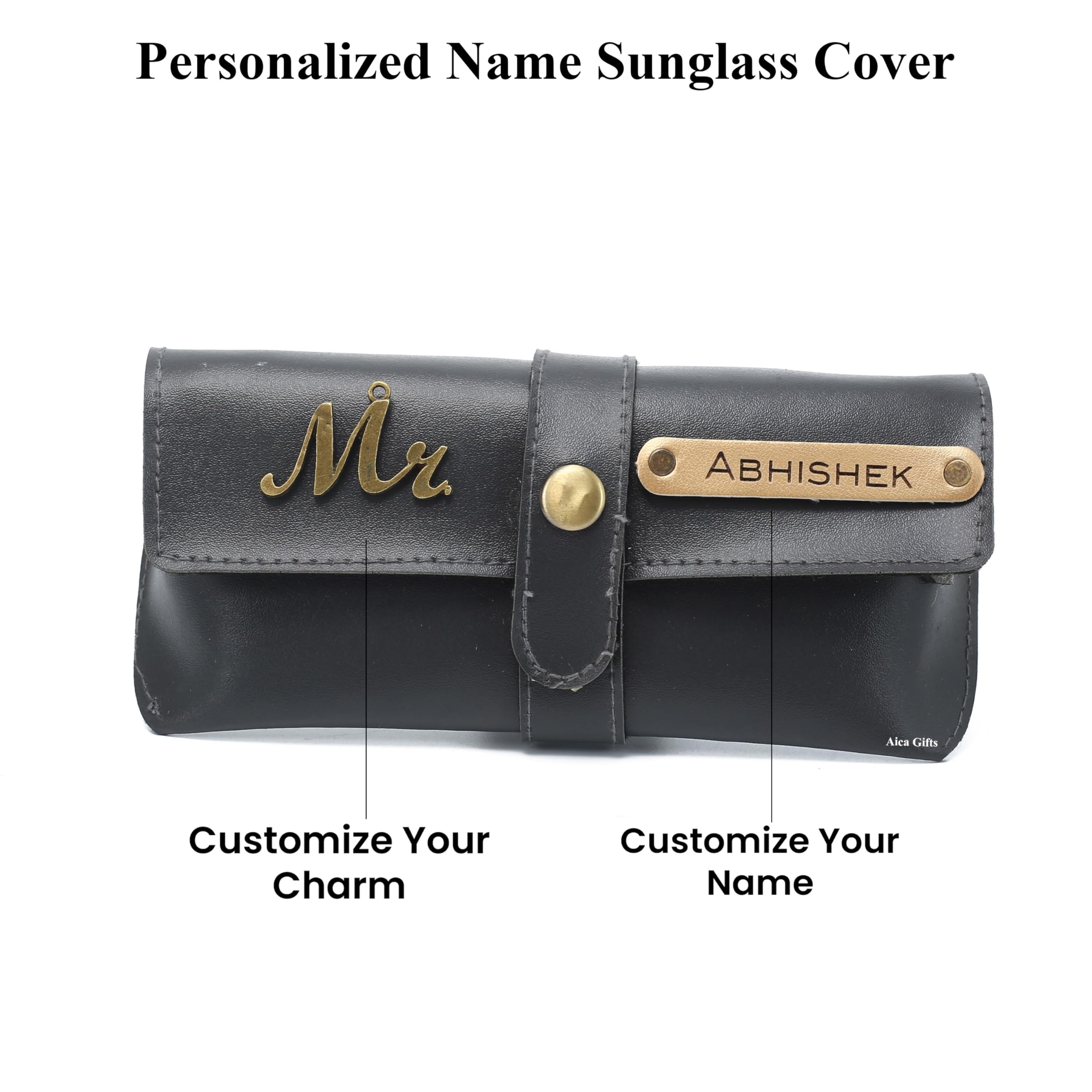 AICA Personalised Name & Charm Leather Sunglass Case Cover for Men & Women (Babyblue)