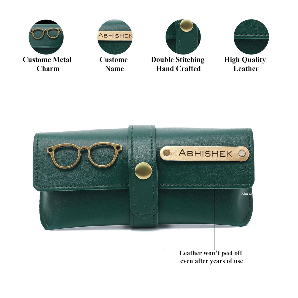 AICA Personalised Name & Charm Leather Sunglass Case Cover for Men & Women (Babyblue)
