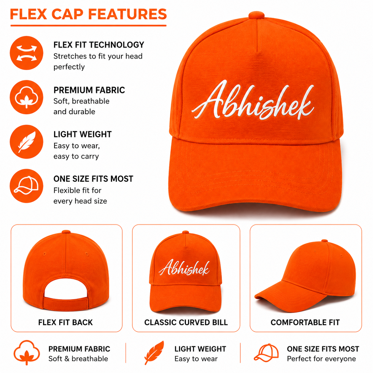 AICA Personalised Name Flex Cap for Men & Women �  Free Size | Gifts for Men & Women (Orange)