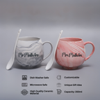 AICA Personalized Name Couple Ceramic Coffee Mug Set - 2pcs (Pink & Grey) 350ml with Spoon