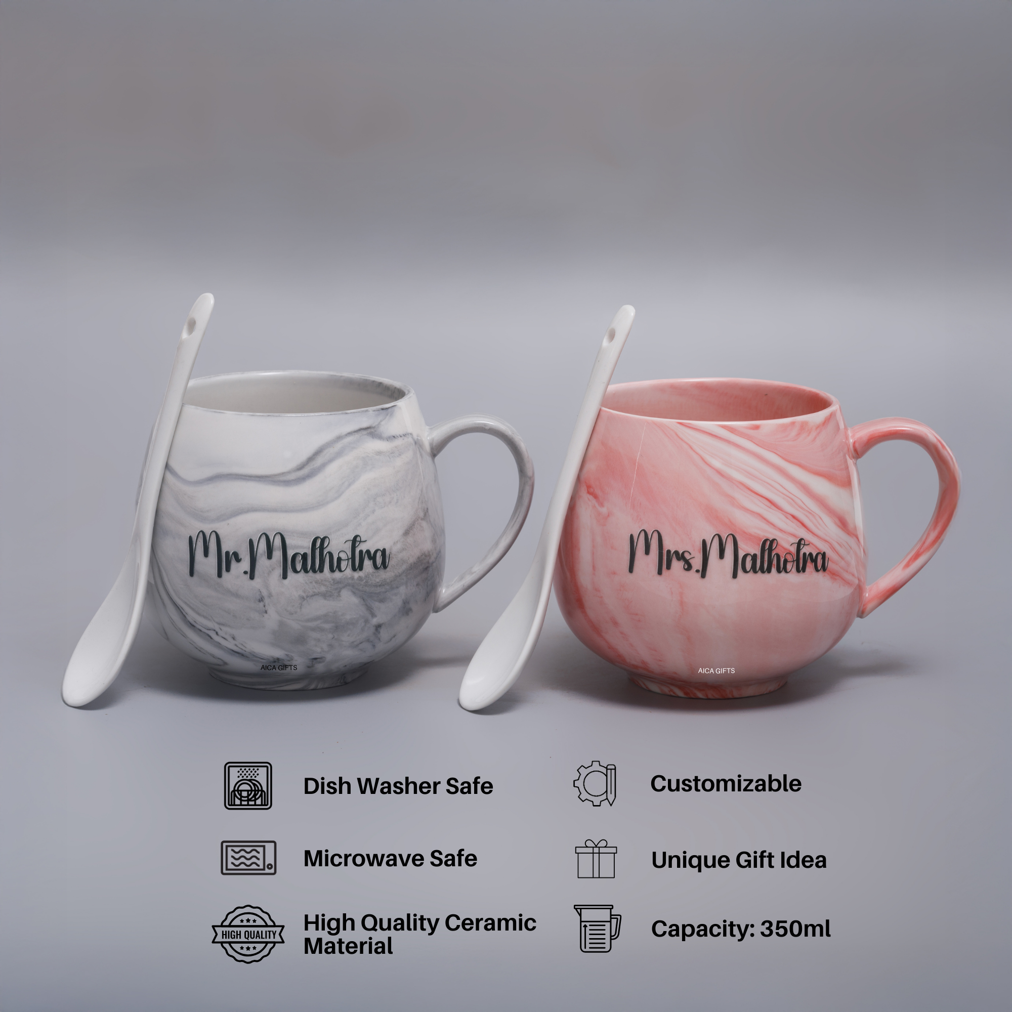 AICA Personalized Name Couple Ceramic Coffee Mug Set - 2pcs (Pink & Grey) 350ml with Spoon