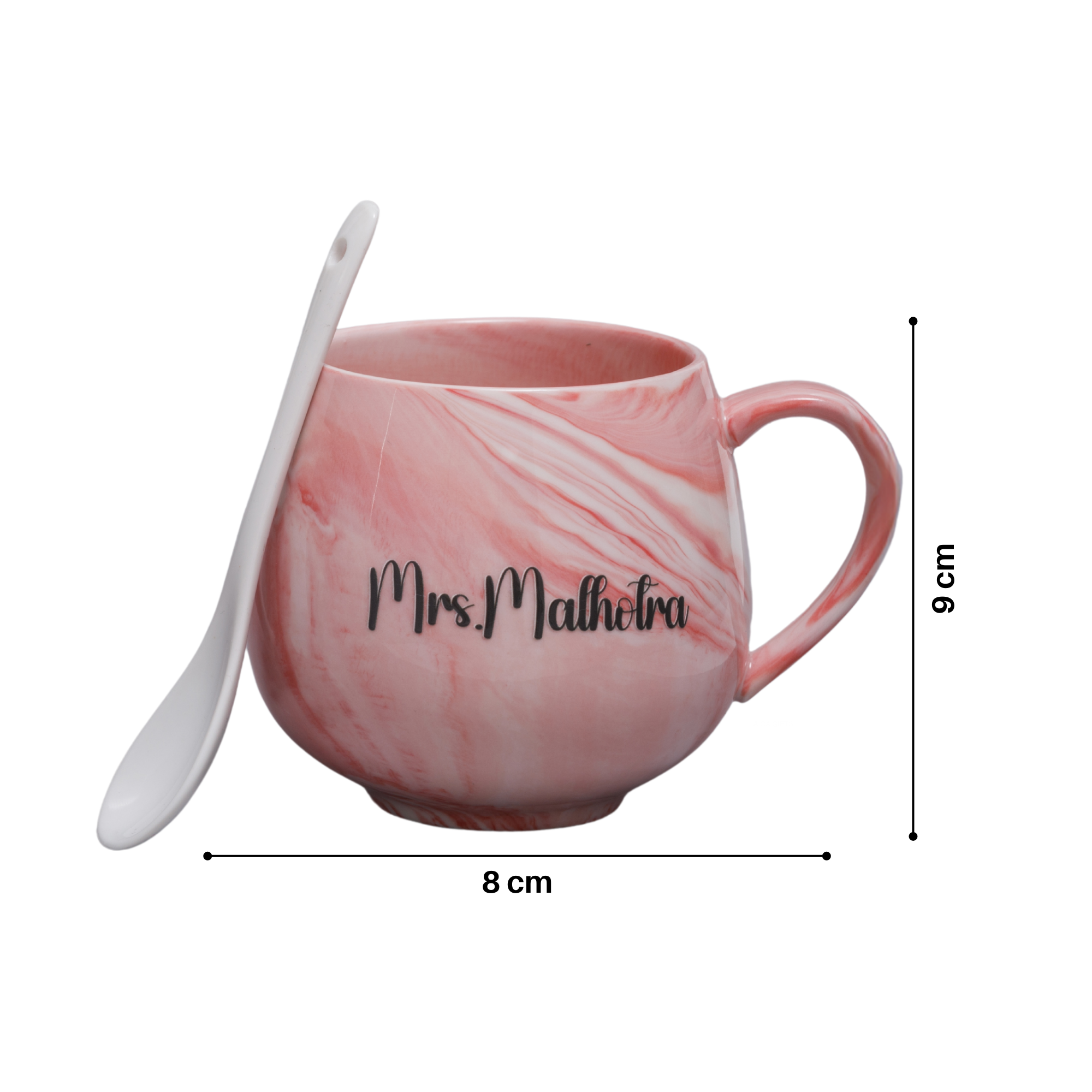 AICA Personalized Name Couple Ceramic Coffee Mug Set - 2pcs (Pink & Grey) 350ml with Spoon