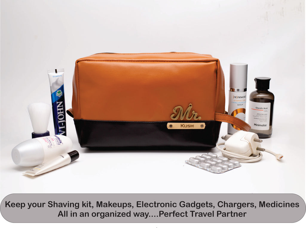 Personalized  Leather Dual Color - Toiletry Pouch  – TanBrown & Black