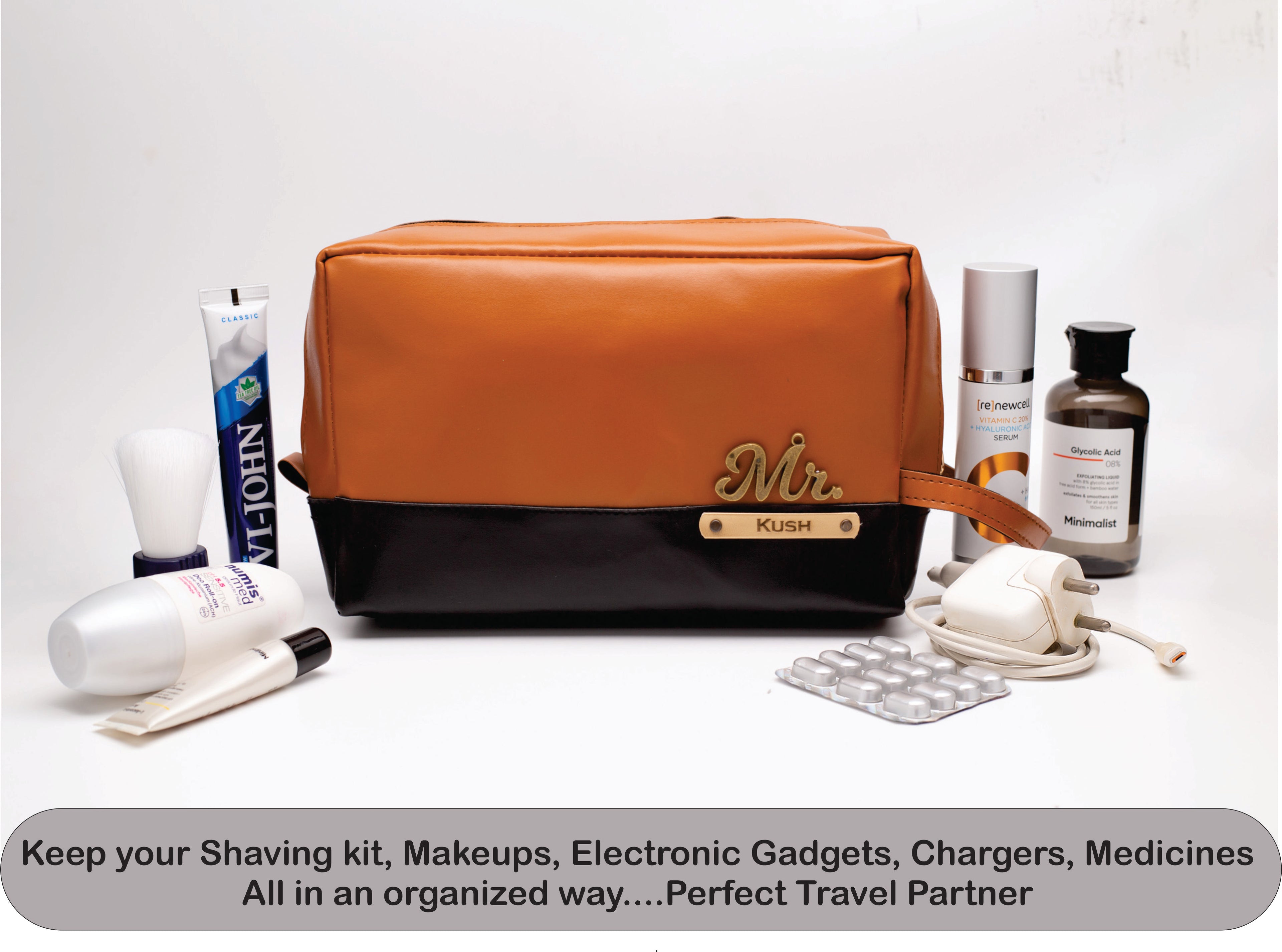 Personalized  Leather Dual Color - Toiletry Pouch  – TanBrown & Black
