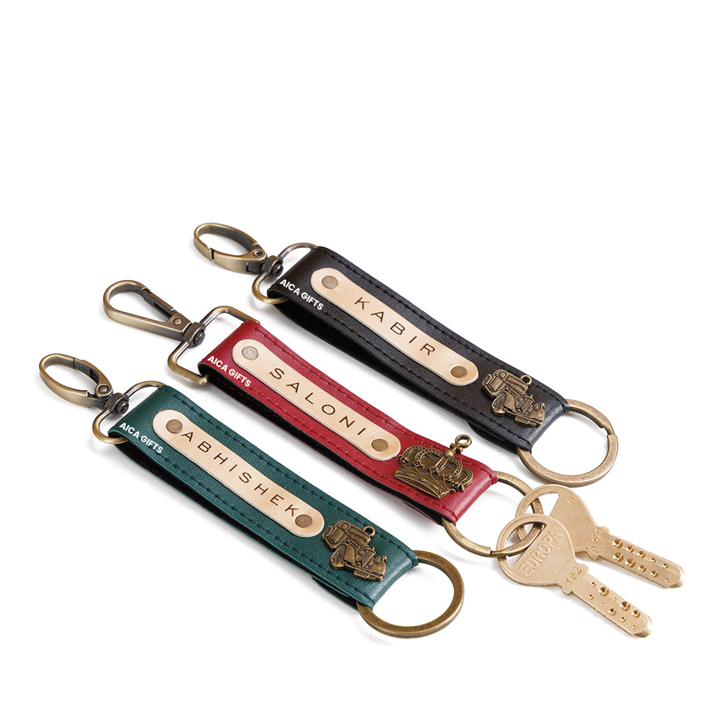 AICA Personalized Name, Color & Charm Leather Keychain – Pack of 3