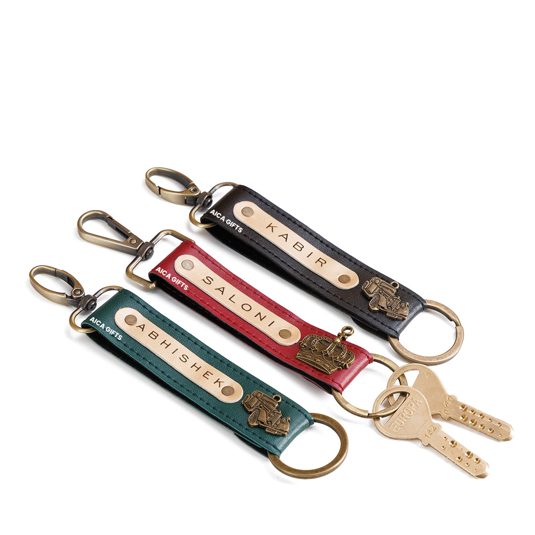 AICA Personalized Name, Color & Charm Leather Keychain – Pack of 3