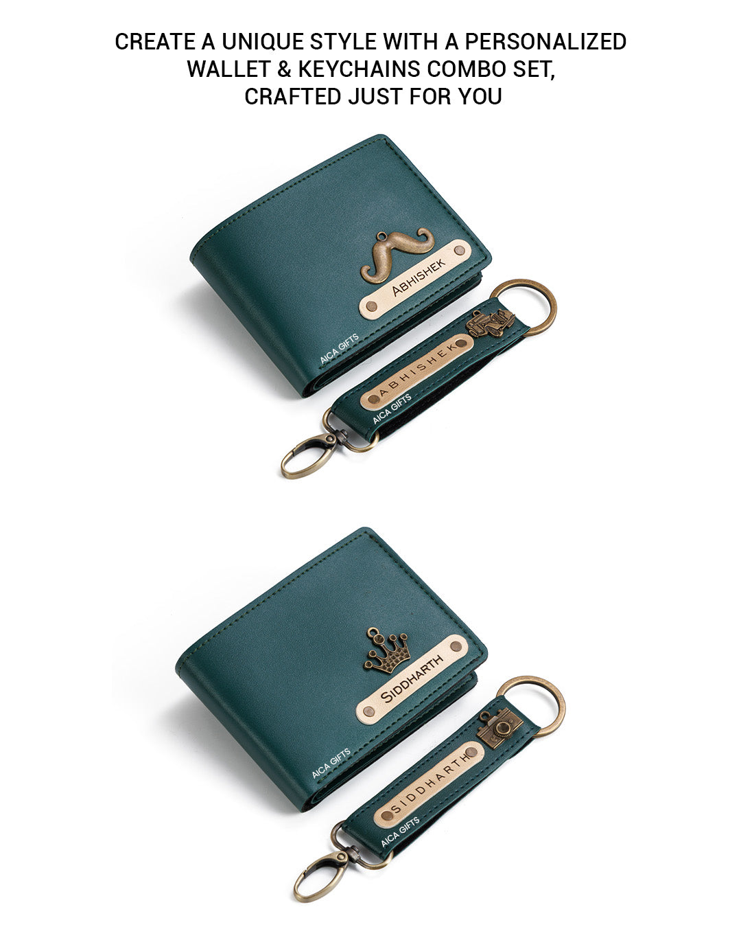 AICA Personalized Name & Charm Leather Wallet & Keychain Giftset for Men ( Dark Green )