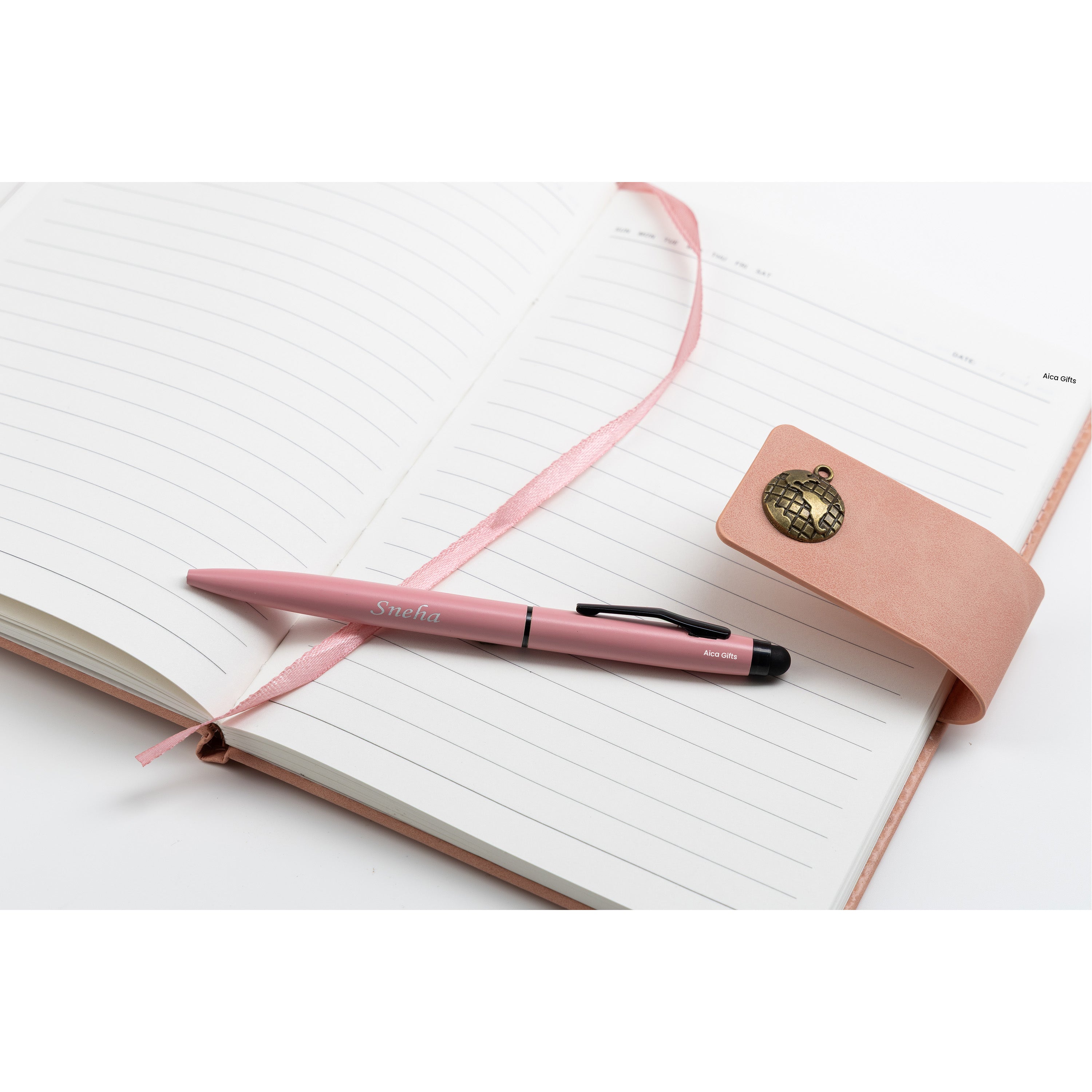 AICA Personalized Name & Charm Leather Magnetic Diary & Pen Combo (Nude Pink)