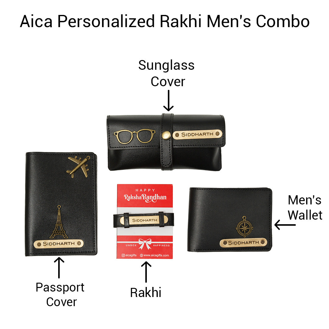AICA Personalized Name Leather Men's Rakhi Combo for Brother ( Black )