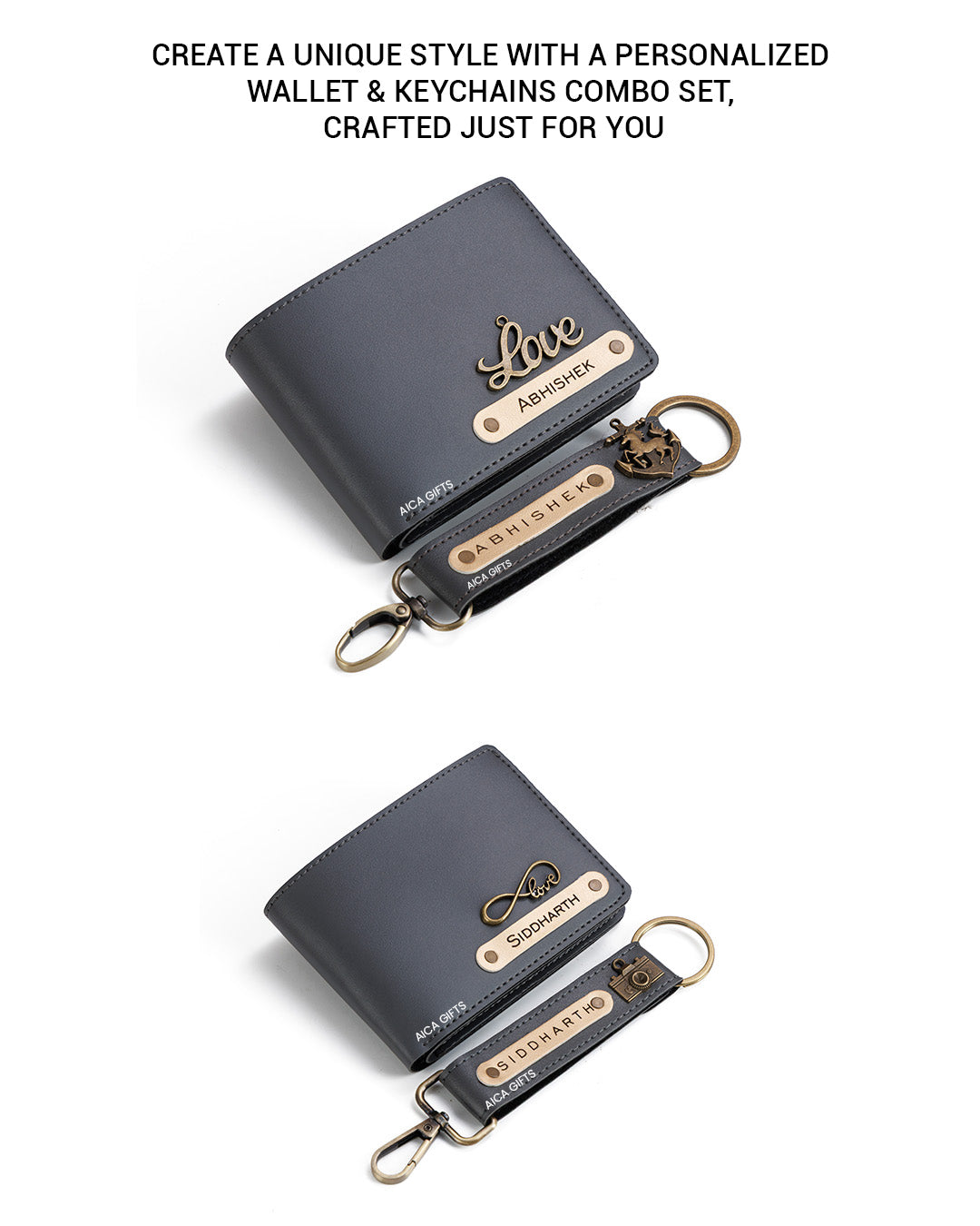 AICA Personalized Name & Charm Leather Wallet & Keychain Giftset for Men (Dark Grey)