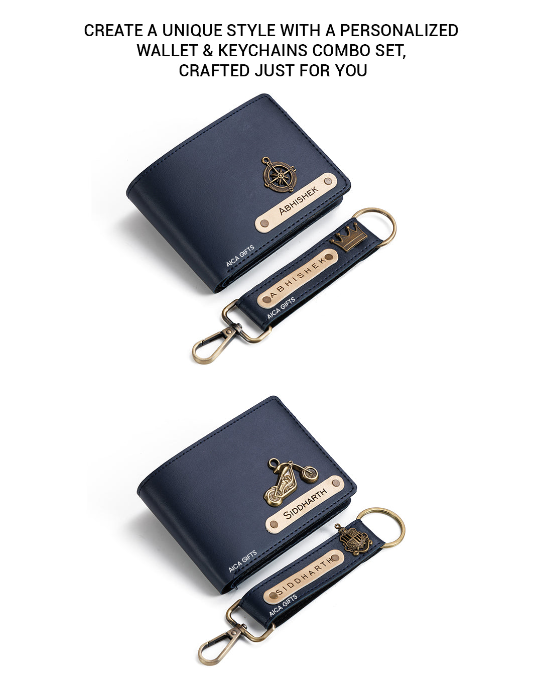 AICA Personalized Name & Charm Leather Wallet & Keychain Giftset for Men ( Navy Blue )