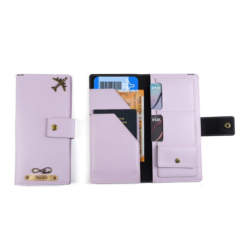 AICA Personalized Name & Charm Long Leather Wallet Passport Cover (Purple)