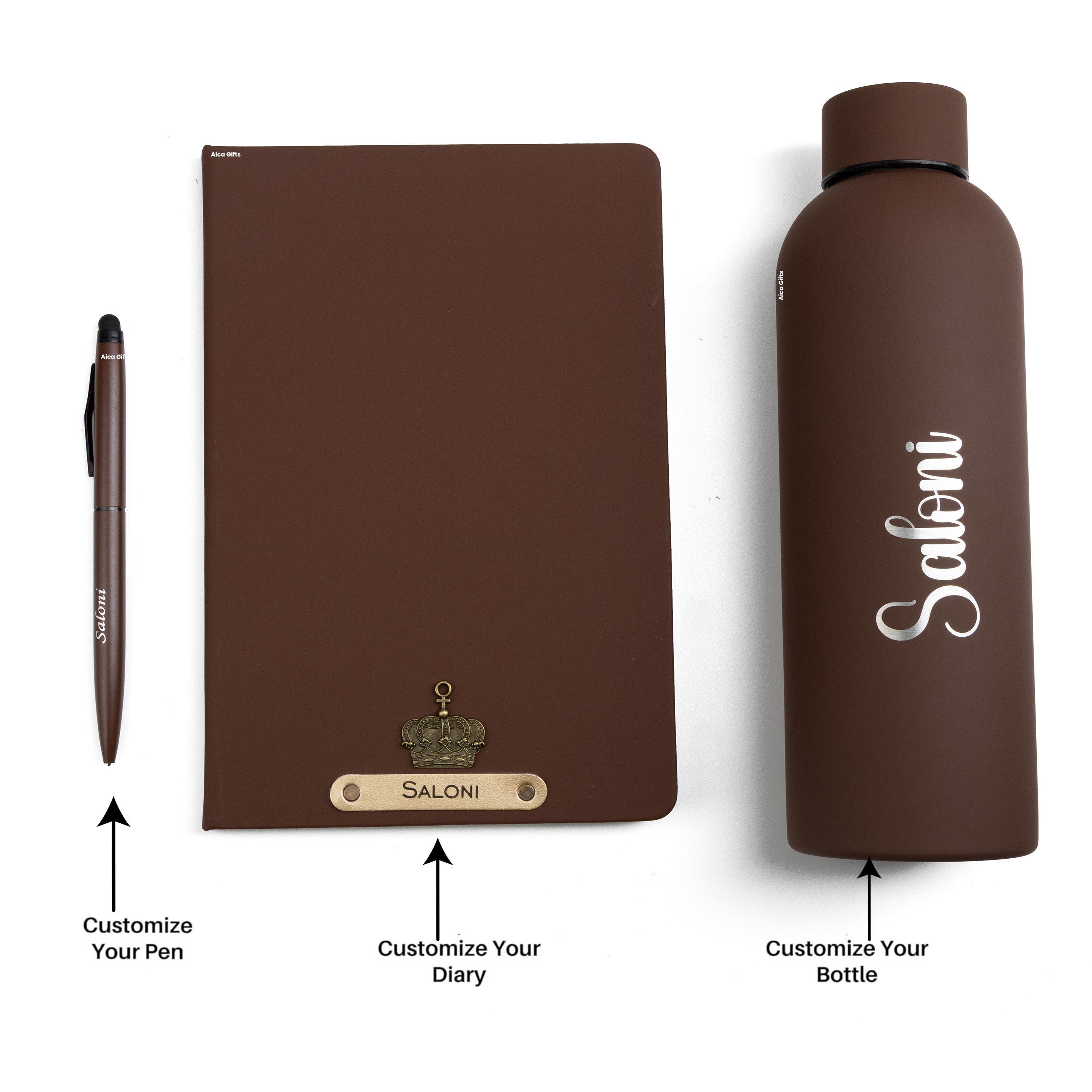 Personalized-  Pen Bottle Diary Combo Giftset - Darkbrown