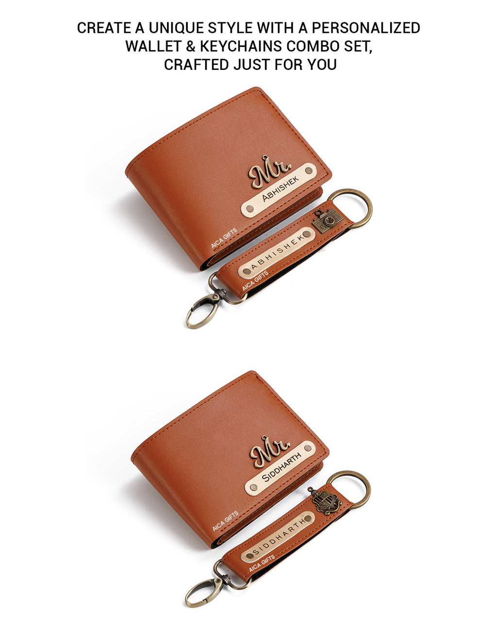 AICA Personalized Name & Charm Leather Wallet & Keychain Giftset for Men (Tan Brown)