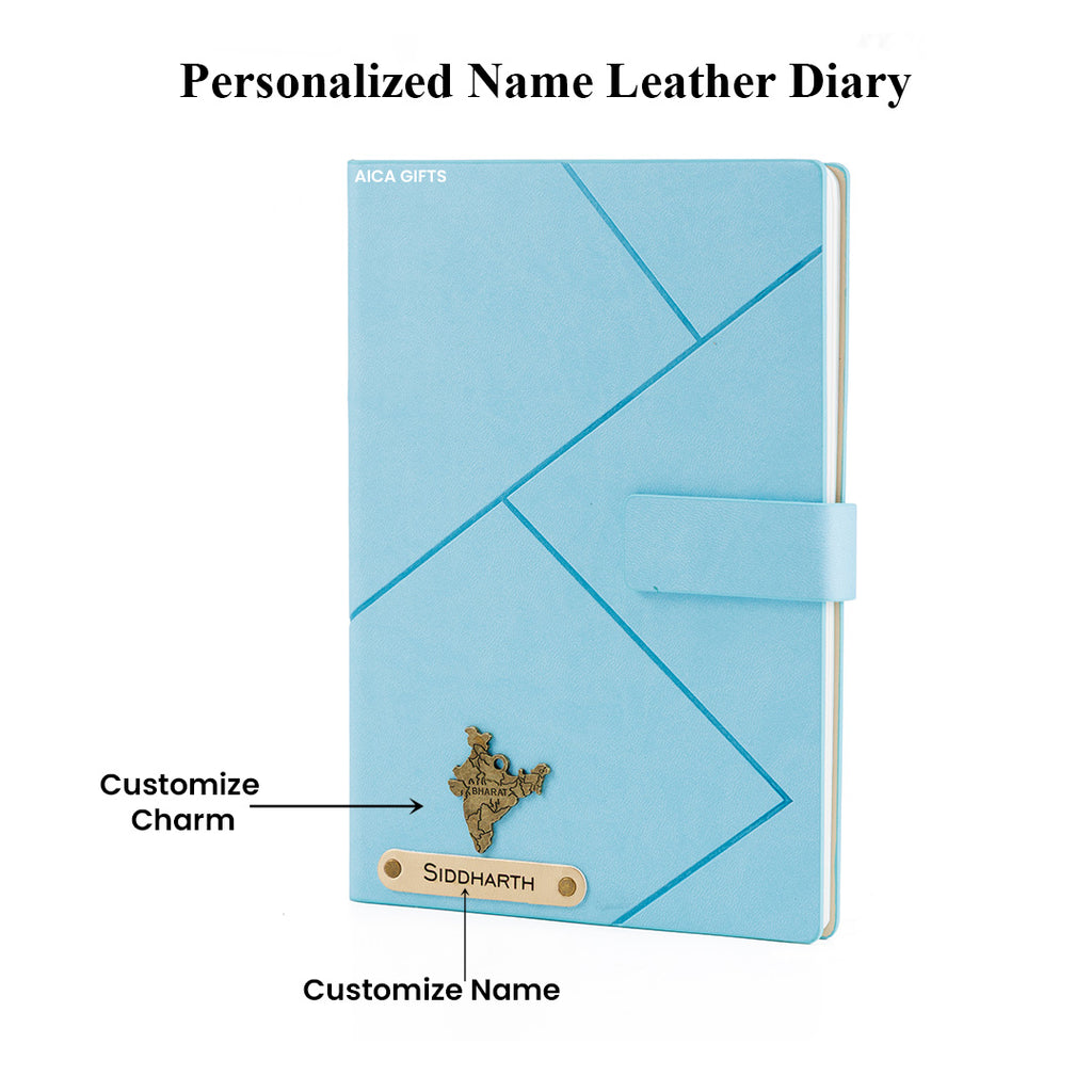 Personalized Name Self Design Leather Diary A5-160 Pages - Light Blue
