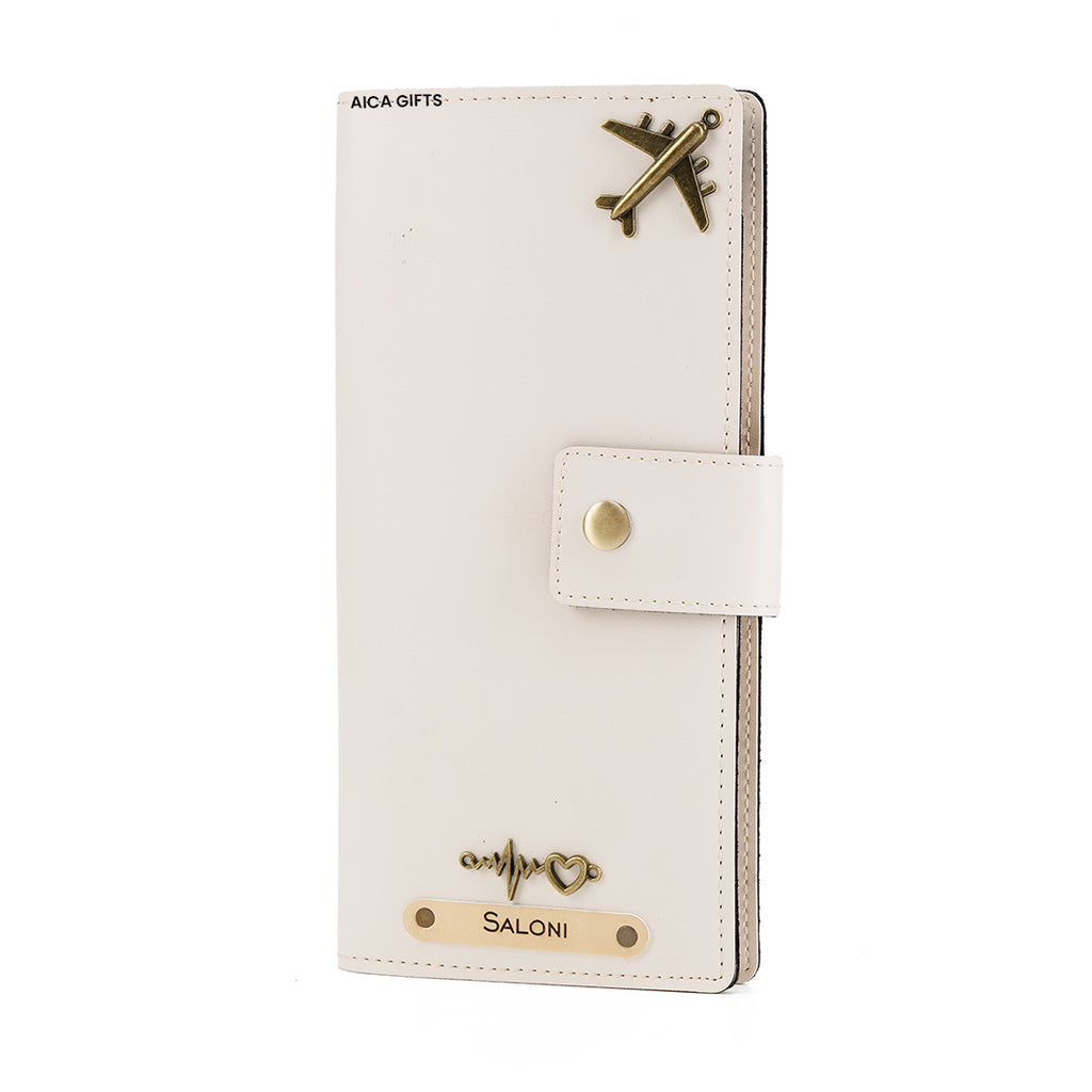 AICA Personalized Name & Charm Long Leather Wallet Passport Cover (Cream)