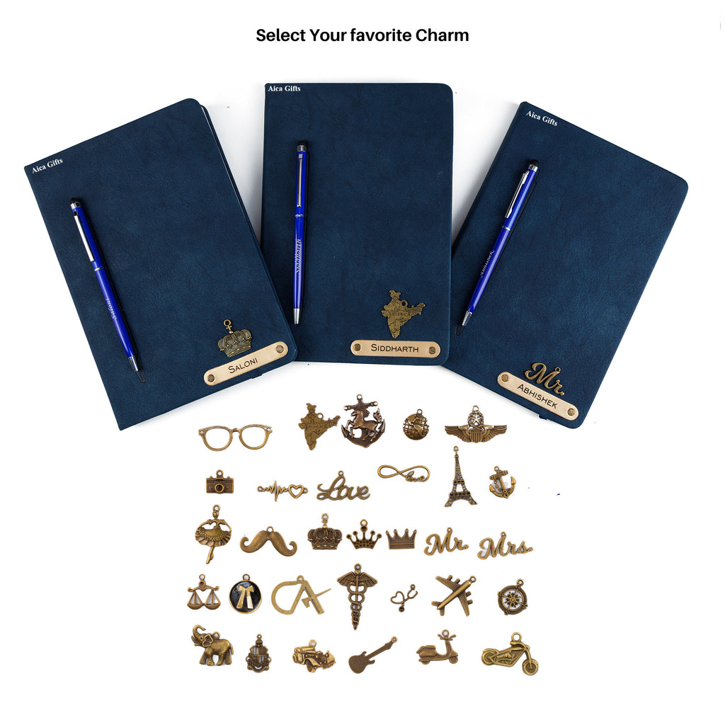 Personalized Magnetic Stick Diary & Pen Gift Set - Navy Blue