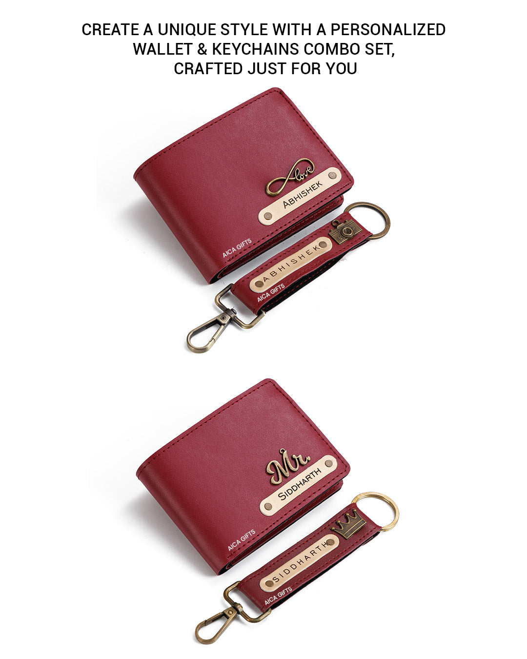AICA Personalized Name & Charm Leather Wallet & Keychain Giftset for Men ( Wine )