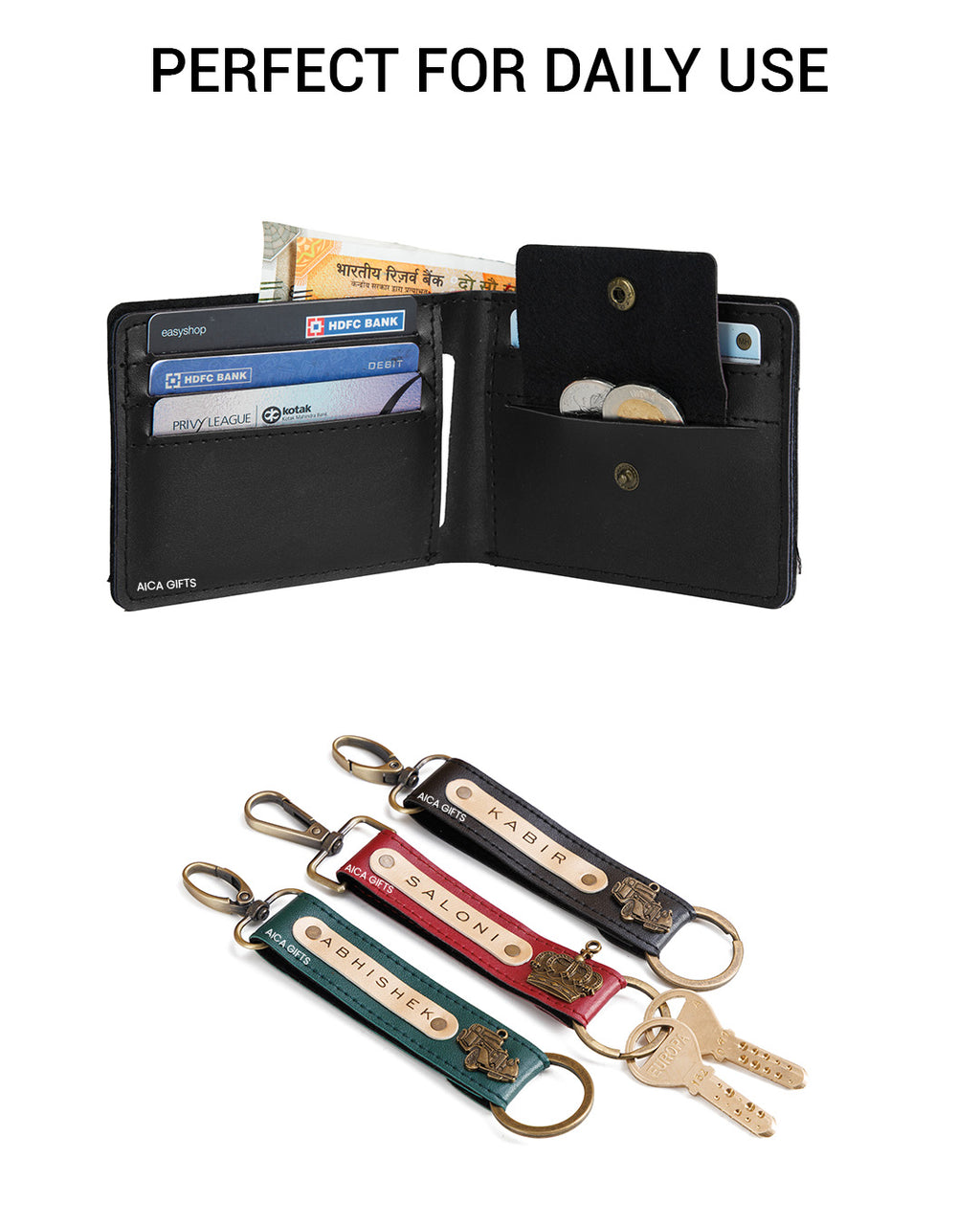 AICA Personalized Name & Charm Leather Wallet & Keychain Giftset for Men (Black)