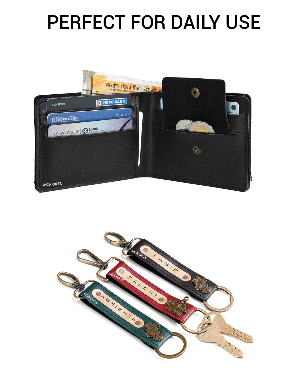 AICA Personalized Name & Charm Leather Wallet & Keychain Giftset for Men (Black)