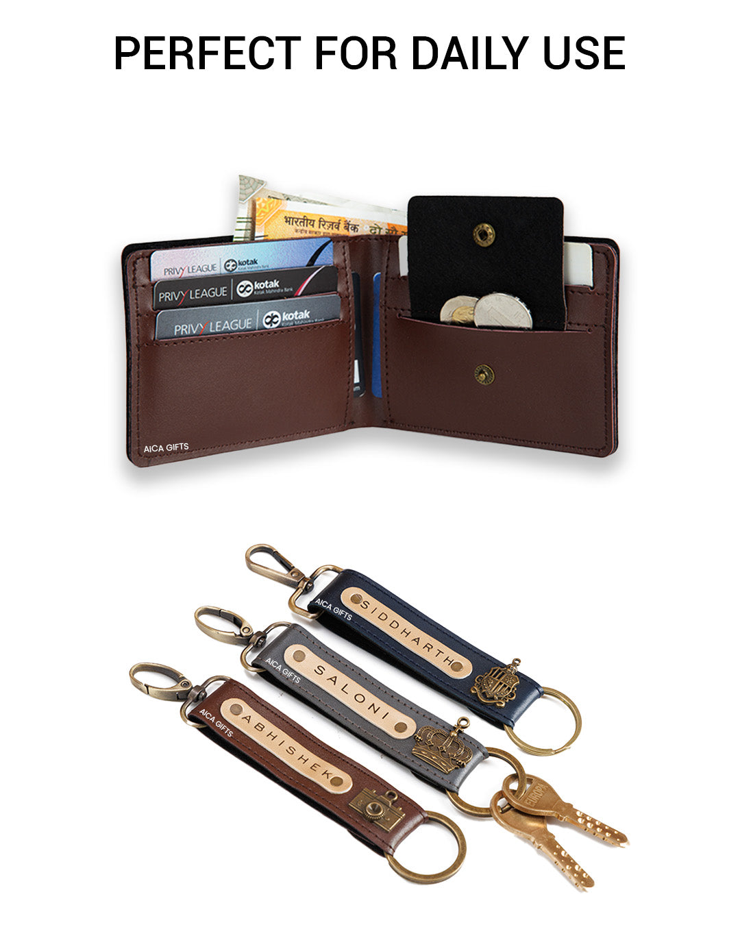 AICA Personalized Name & Charm Leather Wallet & Keychain Giftset for Men ( Dark Brown )