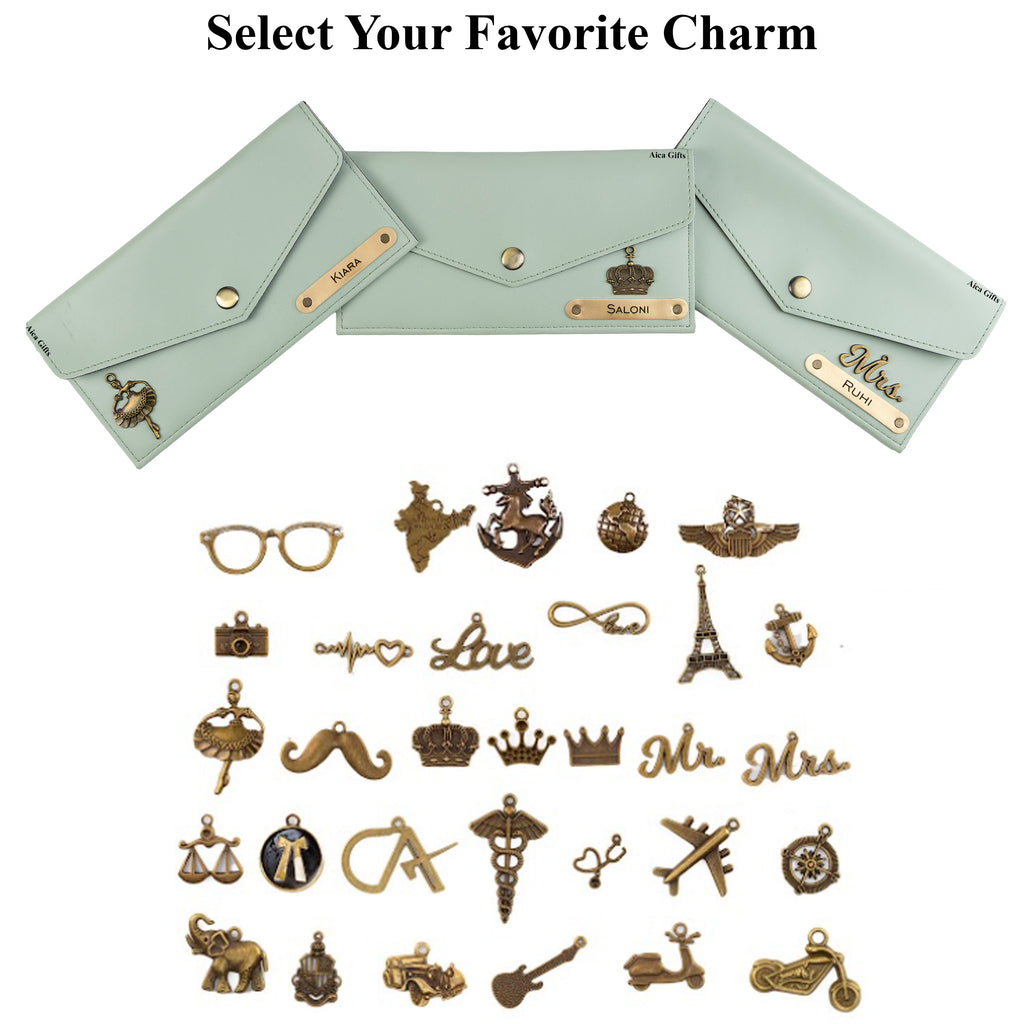 AICA Personalised Name & Charm Leather Wallet Gift for Women (Mint Green)