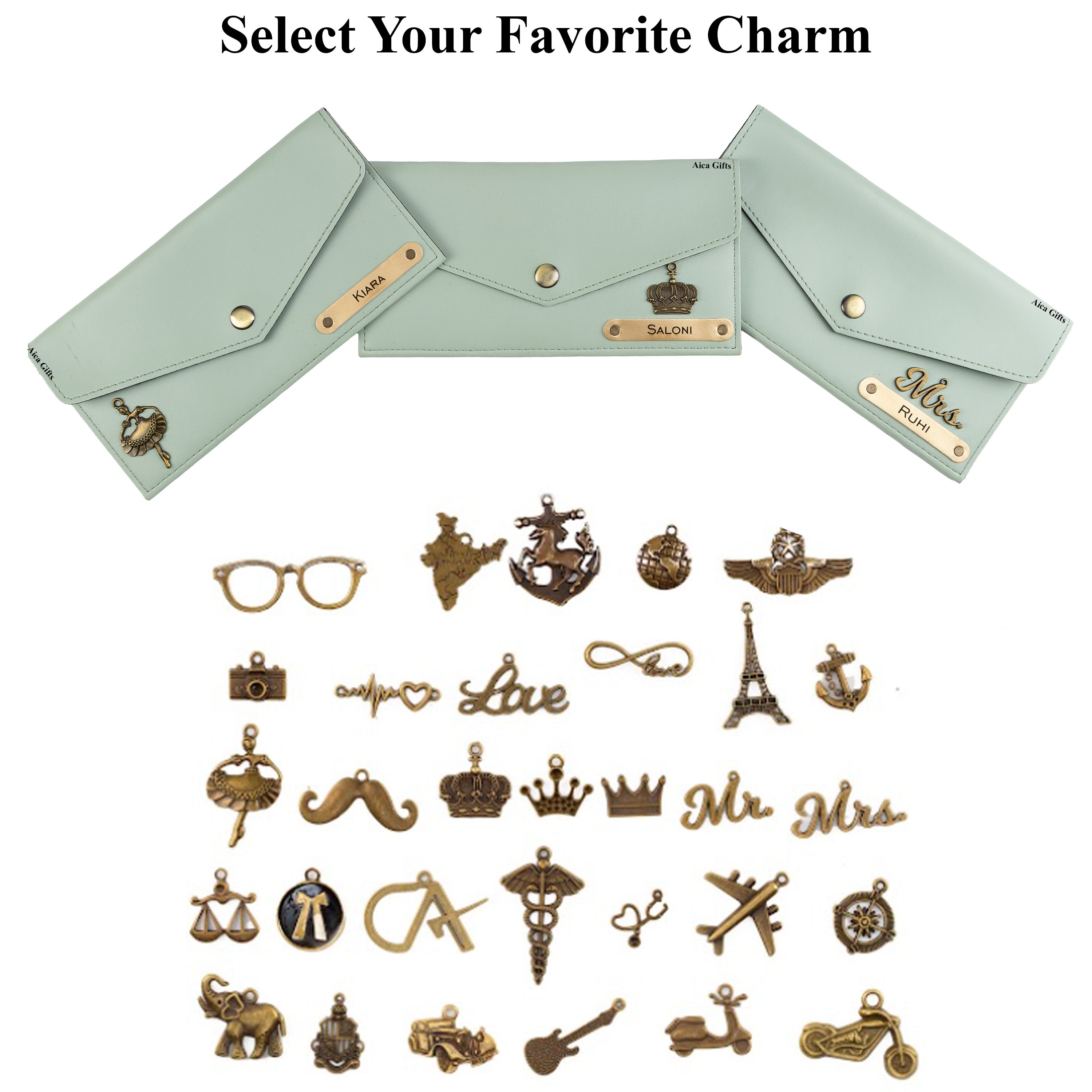 AICA Personalised Name & Charm Leather Wallet Gift for Women (Mint Green)