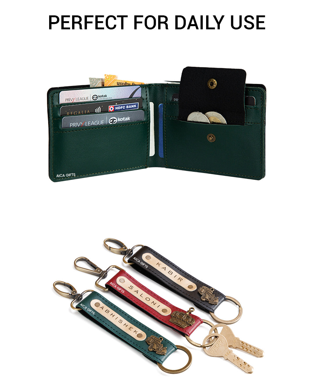 AICA Personalized Name & Charm Leather Wallet & Keychain Giftset for Men ( Dark Green )