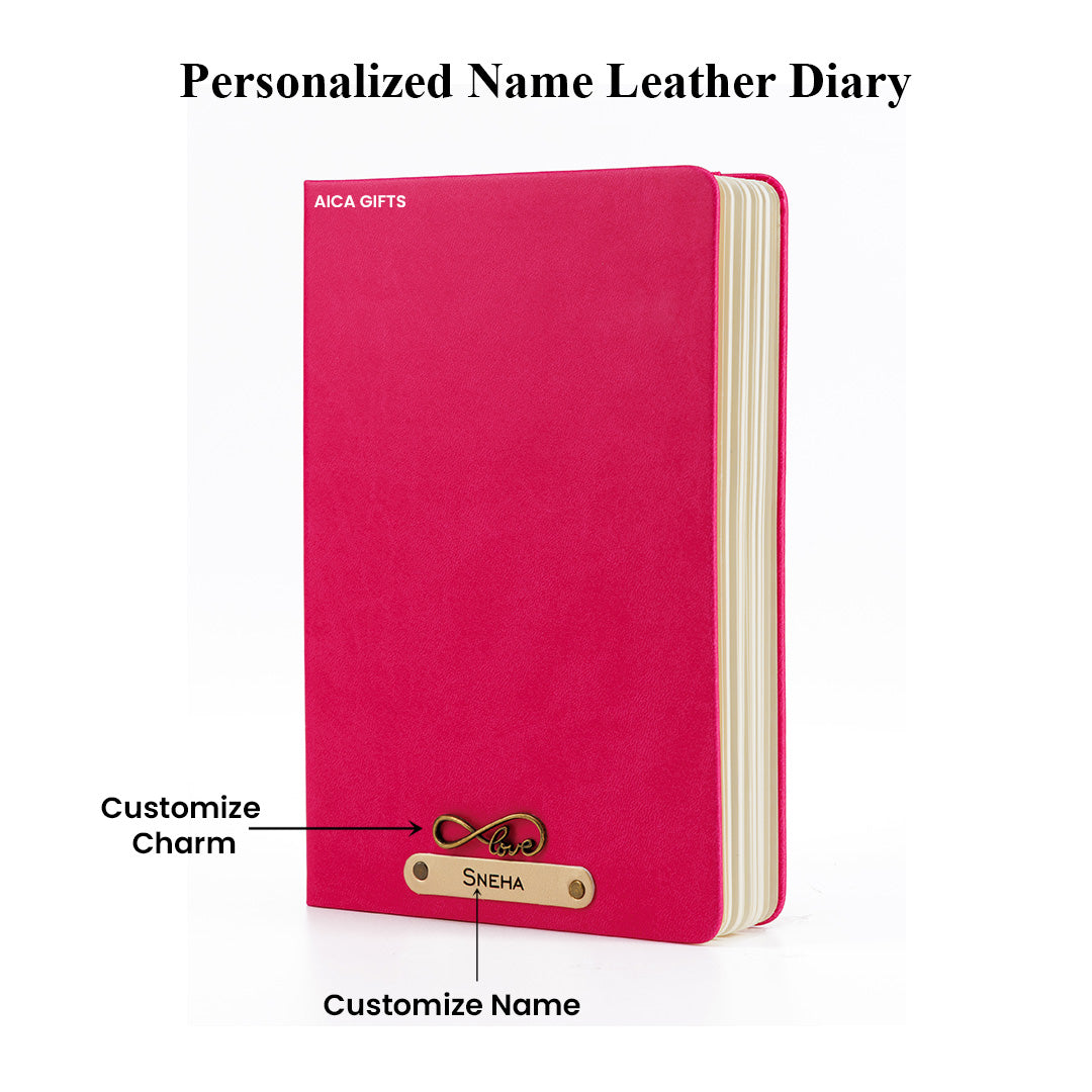 Personalized Name Leather Diary -A5 Size, 180 Ruled Pages (Dark Pink)