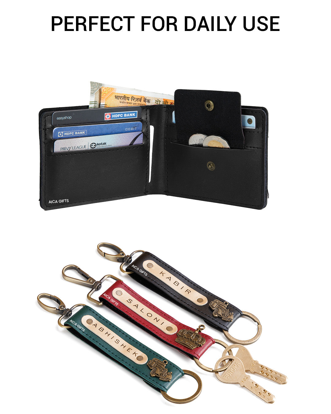 AICA Personalized Name & Charm Leather Wallet & Keychain Giftset for Men (Dark Grey)