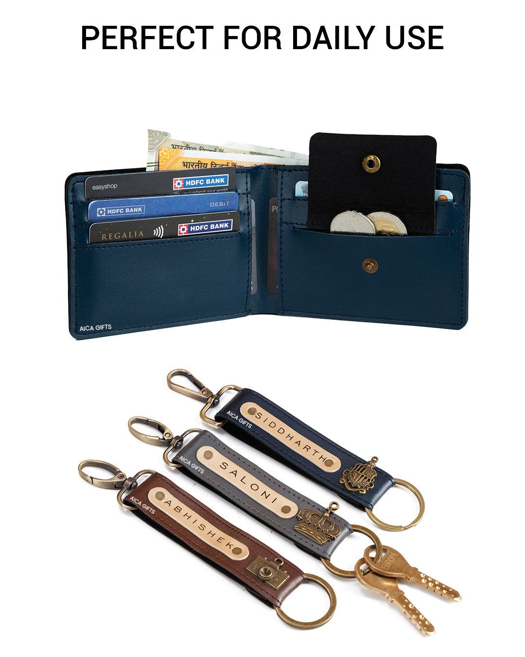 AICA Personalized Name & Charm Leather Wallet & Keychain Giftset for Men ( Navy Blue )