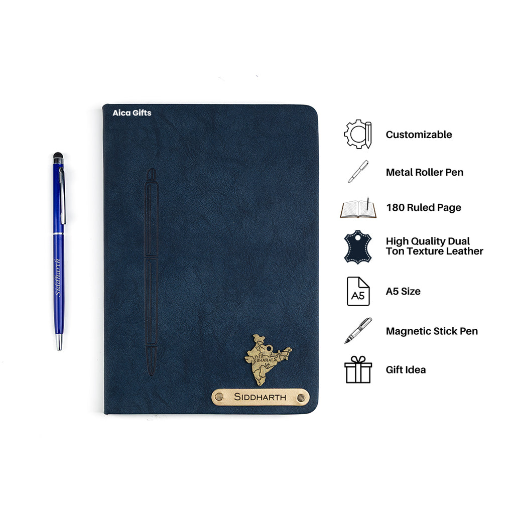 Personalized Magnetic Stick Diary & Pen Gift Set - Navy Blue