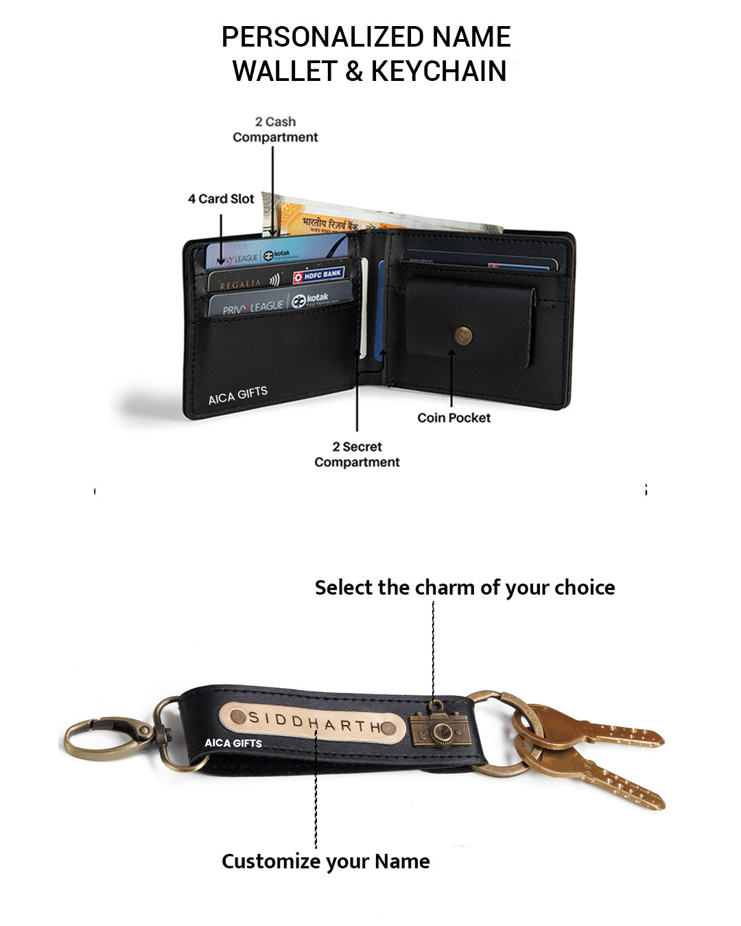 AICA Personalized Name & Charm Leather Wallet & Keychain Giftset for Men (Black)