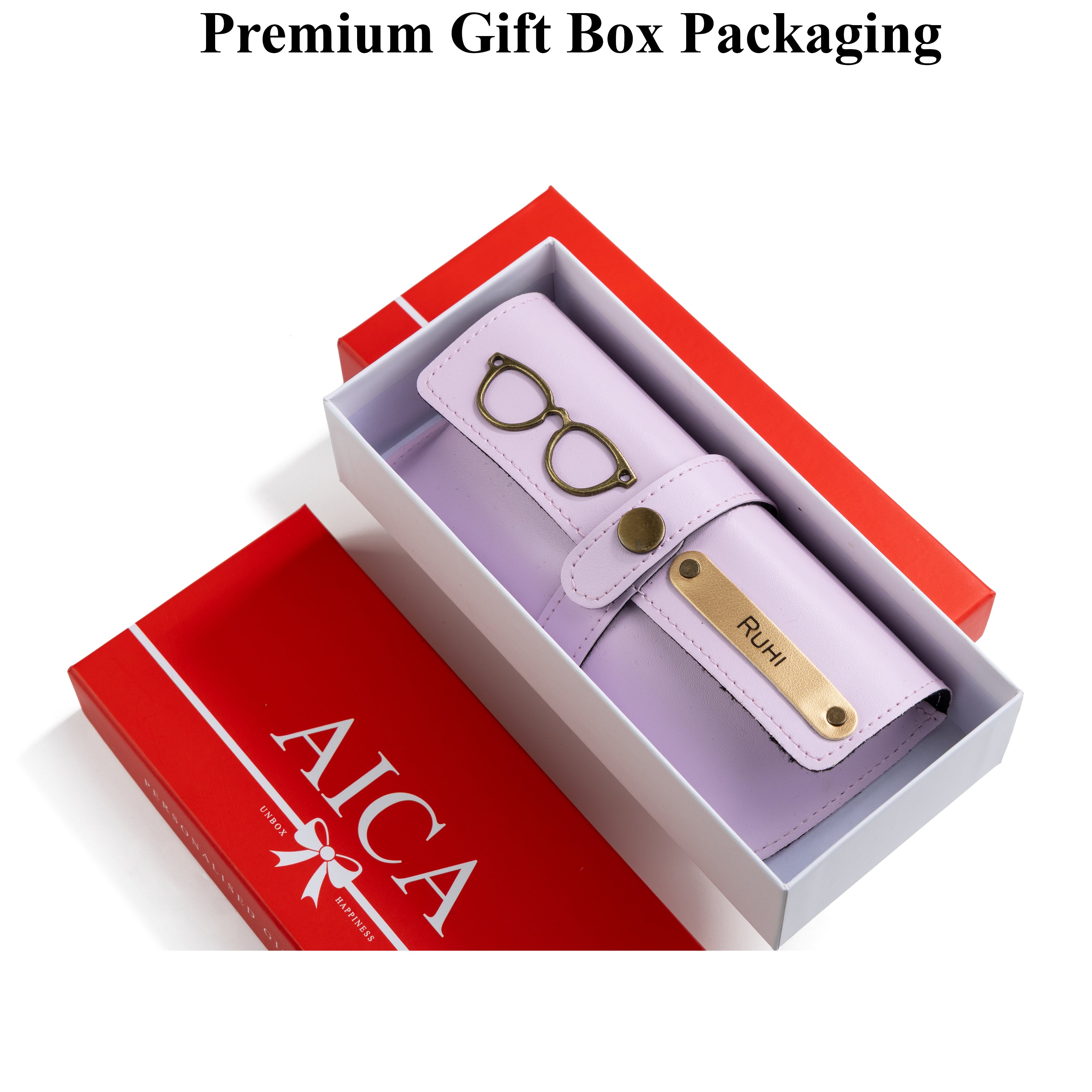 AICA Personalised Name & Charm Leather Sunglass Case Cover for Men & Women (Purple)