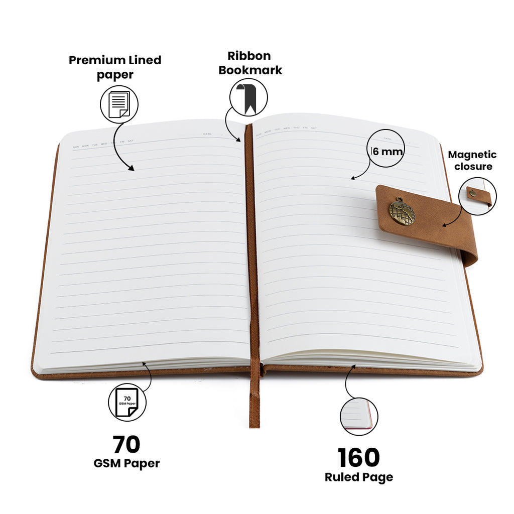 Personalized Name Leather Magnetic Diary A5 Size 200 Pages - Brown