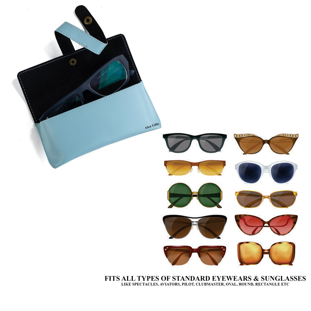 AICA Personalised Name & Charm Leather Sunglass Case Cover for Men & Women (Babyblue)