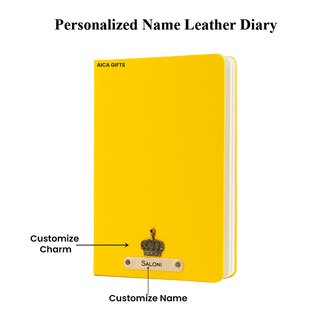 Personalized Name Leather Diary -A5 Size, 180 Ruled Pages (Yellow)