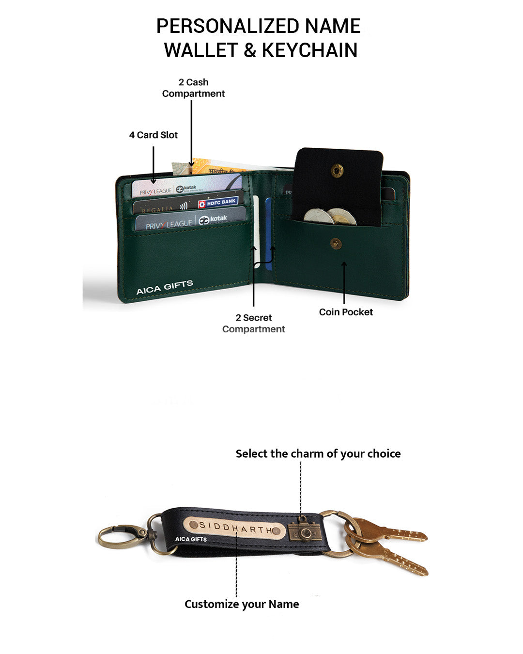 AICA Personalized Name & Charm Leather Wallet & Keychain Giftset for Men ( Dark Green )